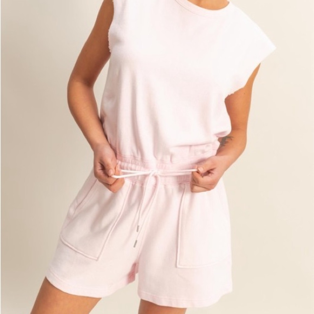 HYFVE Round Neck Cap Sleeve Drawstring Waist Romper - Picture 2 of 5